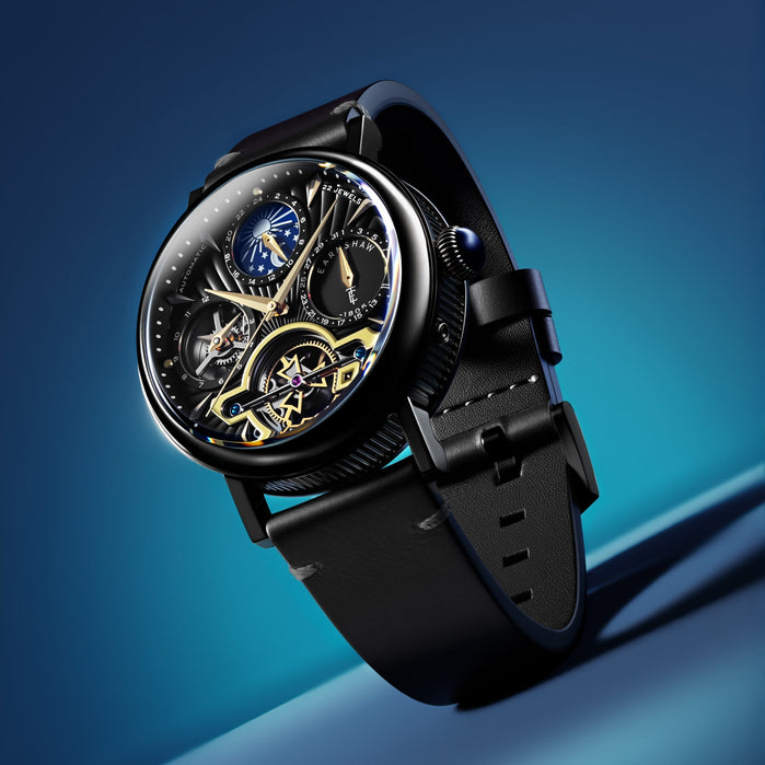 Thomas Earnshaw Heritage Beaufort Dual Time Date Open Heart Automatic Midnight Mystique angled shot picture