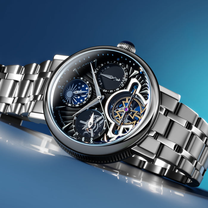 Thomas Earnshaw Heritage Beaufort Dual Time Date Open Heart Automatic Charcoal Luxe SS angled shot picture