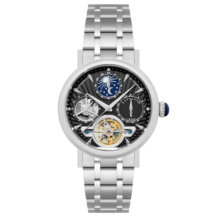 Thomas Earnshaw Heritage Beaufort Dual Time Date Open Heart Automatic Charcoal Luxe SS angled shot picture