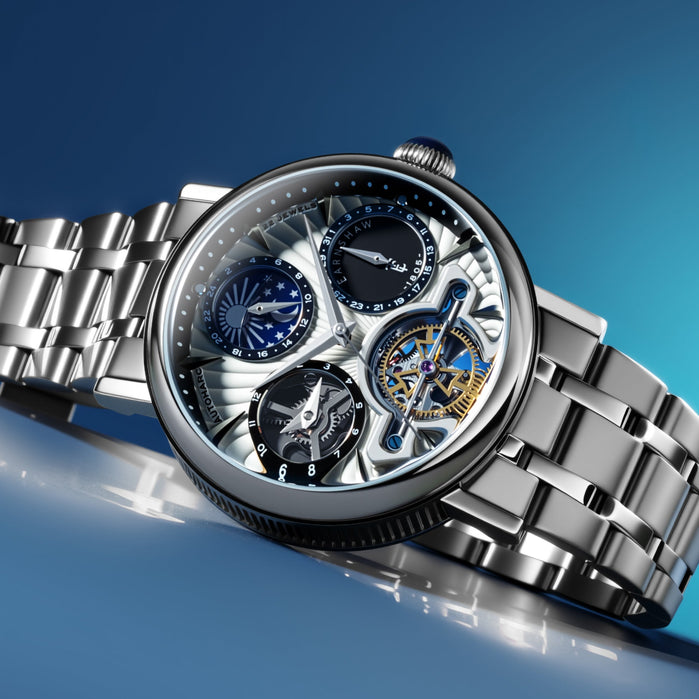 Thomas Earnshaw Heritage Beaufort Dual Time Date Open Heart Automatic Metallic Whisper SS angled shot picture