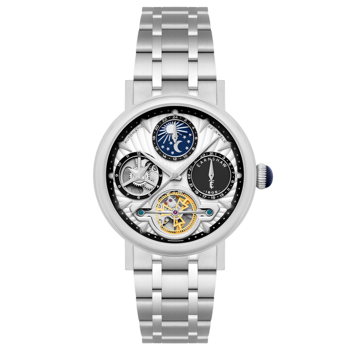 Thomas Earnshaw Heritage Beaufort Dual Time Date Open Heart Automatic Metallic Whisper SS angled shot picture
