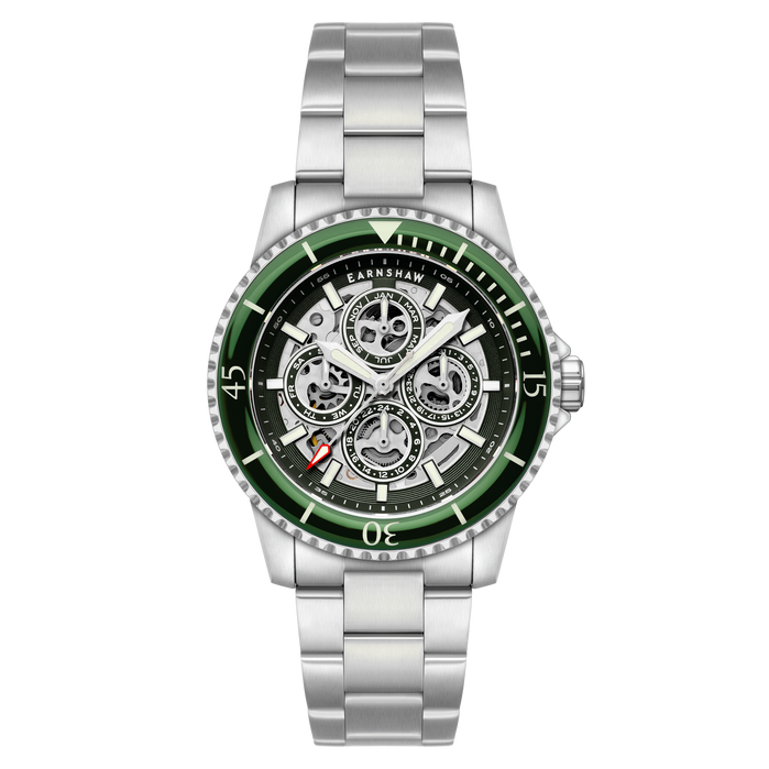 Thomas Earnshaw Admiral Duncan Triple Calendar Skeleton Automatic Shire Green angled shot picture