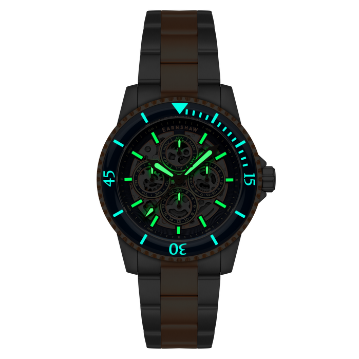 Thomas Earnshaw Admiral Duncan Triple Calendar Skeleton Automatic Indigo Isle angled shot picture