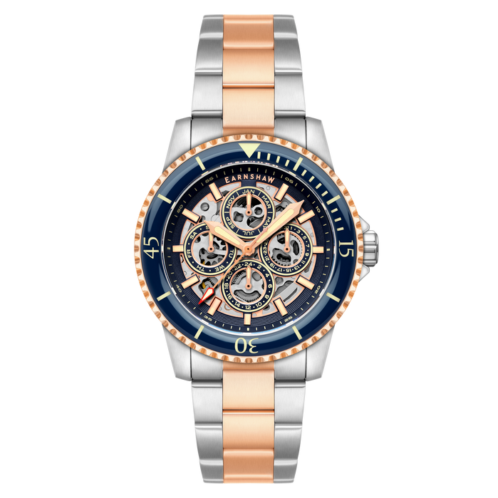 Thomas Earnshaw Admiral Duncan Triple Calendar Skeleton Automatic Indigo Isle angled shot picture