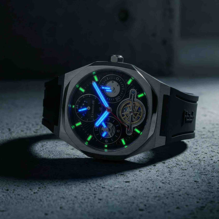 Thomas Earnshaw Discovery Drake Dual Time Date Open Heart Automatic Carbon Luxe angled shot picture