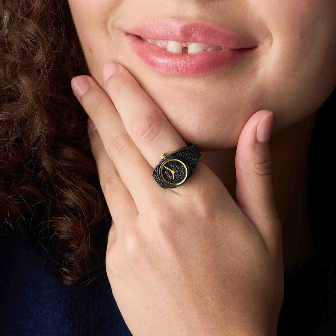 Fossil Watch Ring Two-Hand Pavé Black SS | Watches.com