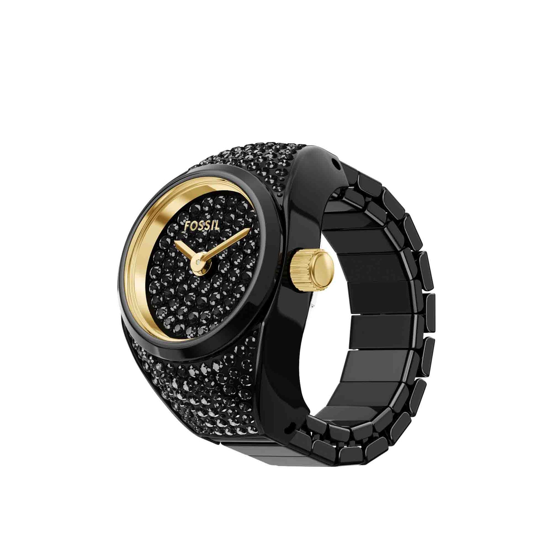 Fossil Watch Ring Two-Hand Pavé Black SS | Watches.com