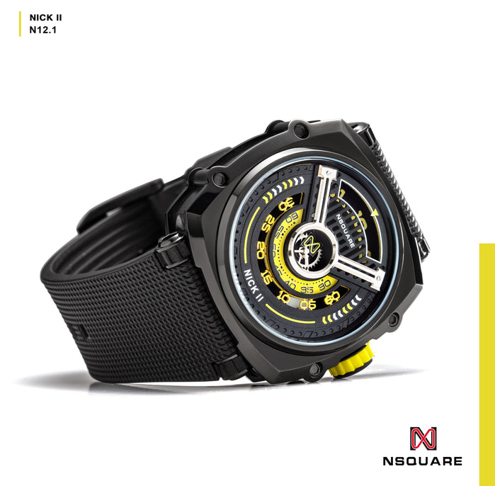 Nsquare Nick II Automatic 45mm Black Yellow angled shot picture
