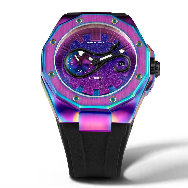 Colorful watch with a black strap on a white background