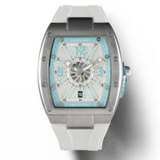 Watch with turquoise face and silver case on a white background