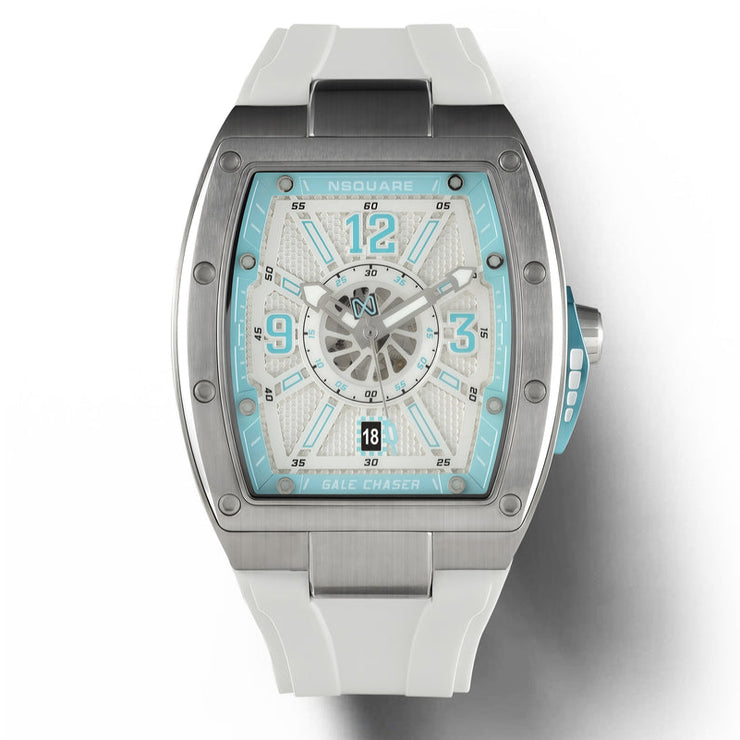 Watch with turquoise face and silver case on a white background
