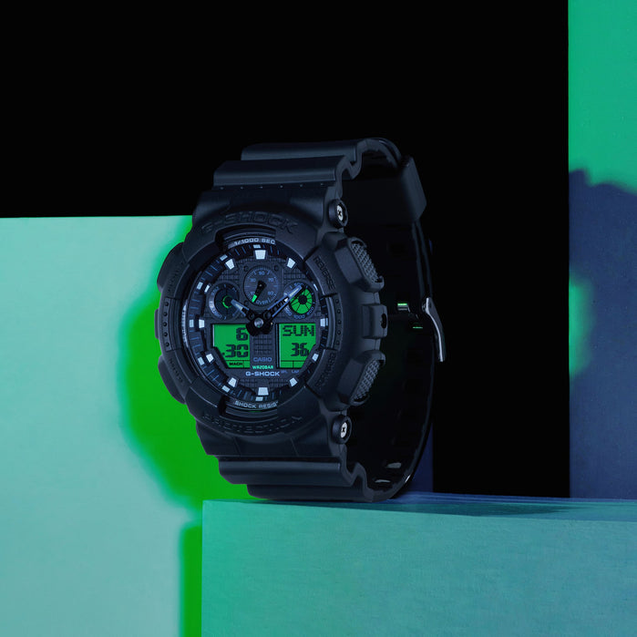 G-Shock GA100 Ana-Digi Black Green angled shot picture