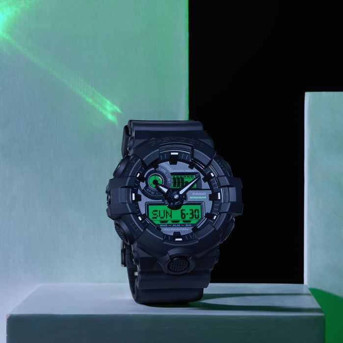 G-Shock GA700 Ana-Digi Black Green angled shot picture