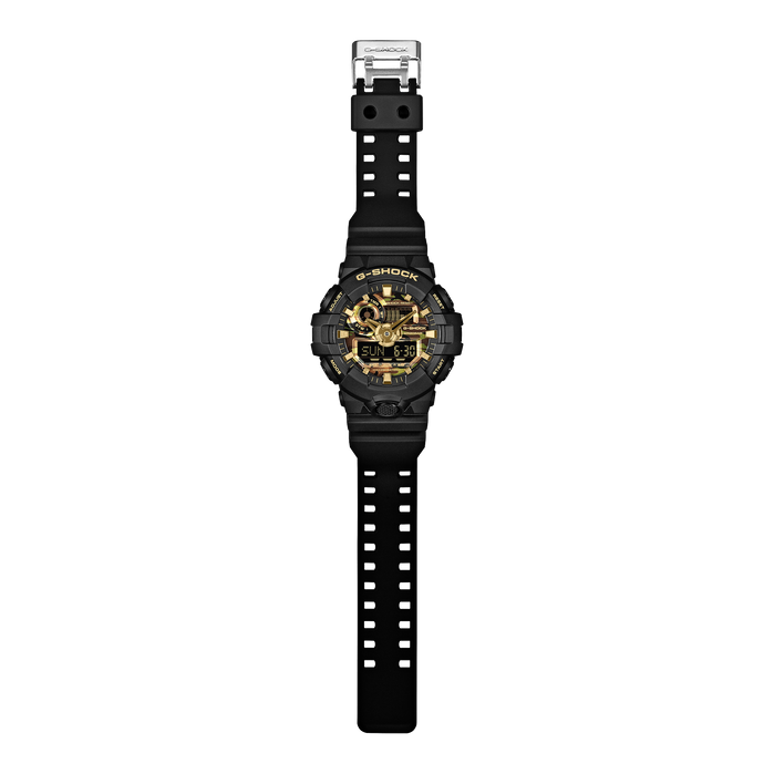 G-Shock GA700 Bold Camo Ana-Digi Black Gold angled shot picture
