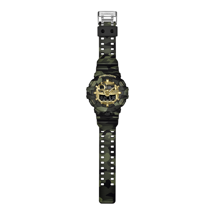 G-Shock GA700 Bold Camo Ana-Digi Gold angled shot picture
