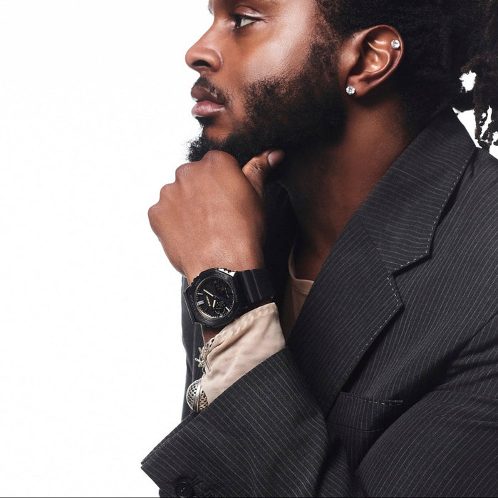 G-Shock GM2100 Luxe Black Ana-Digi Black Gold angled shot picture
