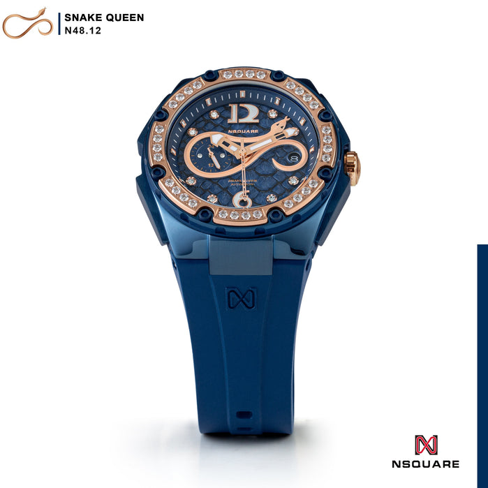 NSquare SnakeQueen 39mm Automatic Watch N48.12 Noble Blue|NSquare蛇后39毫米系列 自動錶 N48.12 貴侯藍 angled shot picture