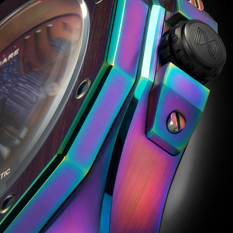 Colorful mechanical component with a brand logo on a dark background