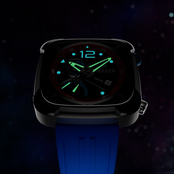 Nubeo Ecliptic Retrograde Dual Time Firewater Blue angled shot picture