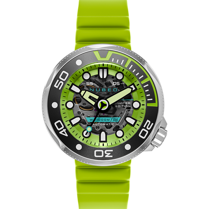Nubeo Ventana Skeleton Automatic Limited Edition Lime Green angled shot picture