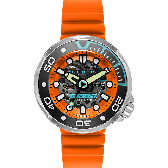 Nubeo Ventana Skeleton Automatic Limited Edition Bright Orange angled shot picture