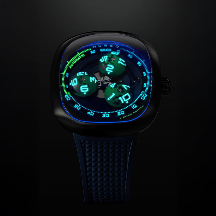 Nubeo Tri-star Orbit Automatic Limited Edition Planetary Blue angled shot picture