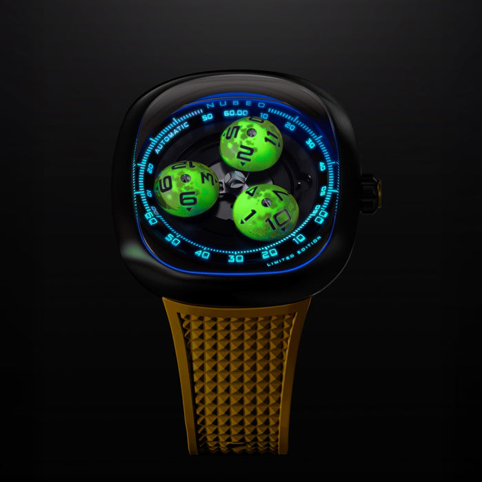 Nubeo Tri-star Orbit Automatic Limited Edition Supernova Yellow angled shot picture