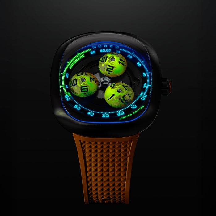 Nubeo Tri-star Orbit Automatic Limited Edition Cosmic Tangerine angled shot picture