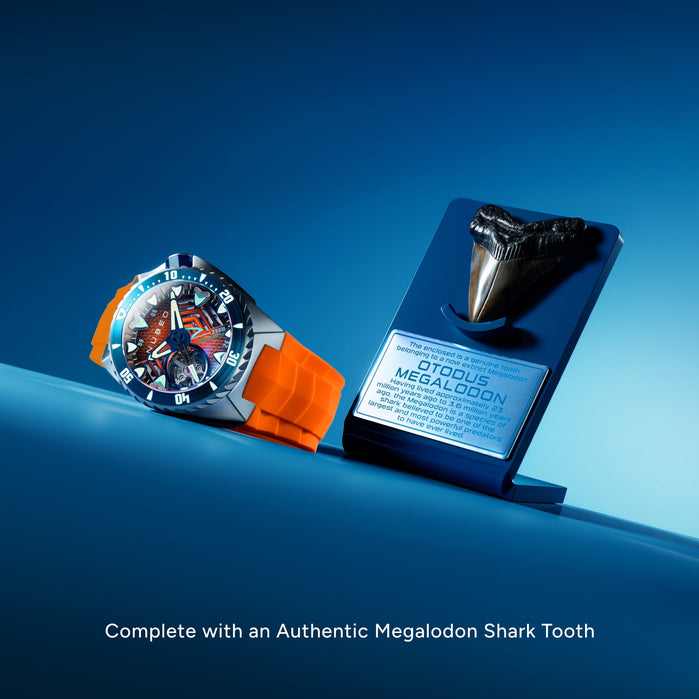 Nubeo Megalodon Automatic Tangerine Depth Limited Edition angled shot picture