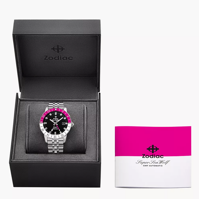 Zodiac Super Sea Wolf GMT Automatic SS Black Pink angled shot picture