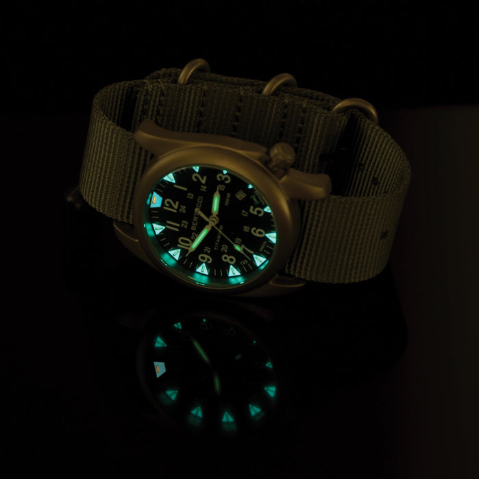 Bertucci #13481 A-4T Super Yankee Illuminated Black Dial Defender Drab Nylon angled shot picture