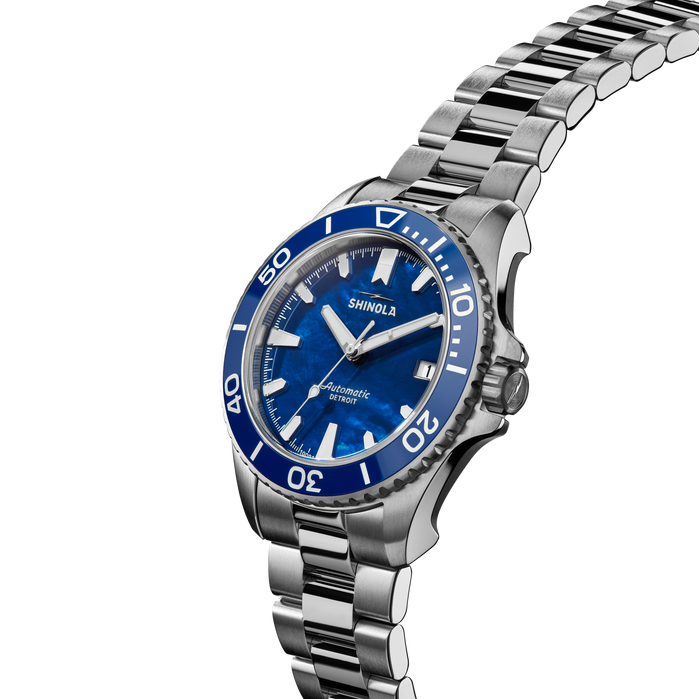 Shinola Monster Automatic Lake Michigan 39mm Lake Blue Mother of Pearl angled shot picture
