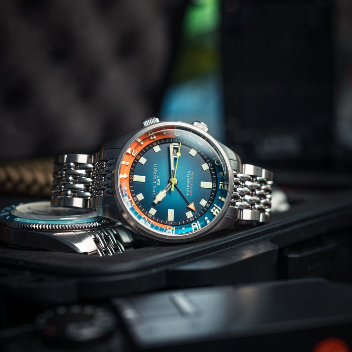 Bradner GMT Automatic Orange Blue angled shot picture