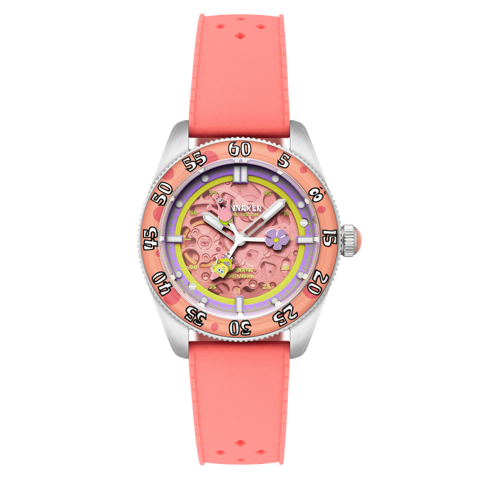 Spinnaker Croft Mid-size Skeleton Automatic SpongeBob SquarePants Peek-a-boo Limited Edition Seastar Sundial angled shot picture