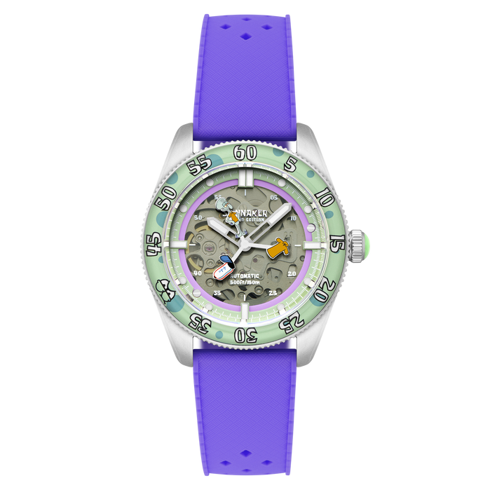 Spinnaker Croft Mid-size Skeleton Automatic SpongeBob SquarePants Peek-a-boo Limited Edition Sour Seconds angled shot picture