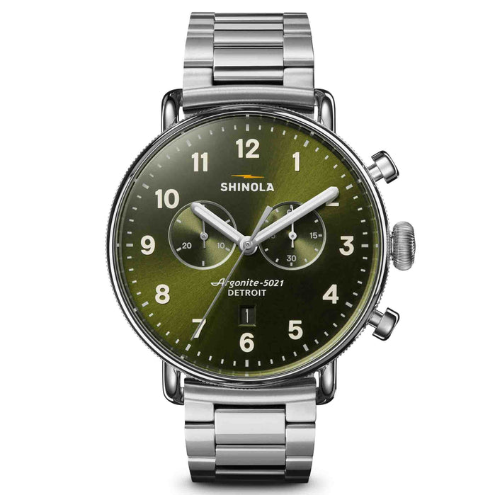 Shinola Canfield Chrono 43mm Dark Olive SS angled shot picture