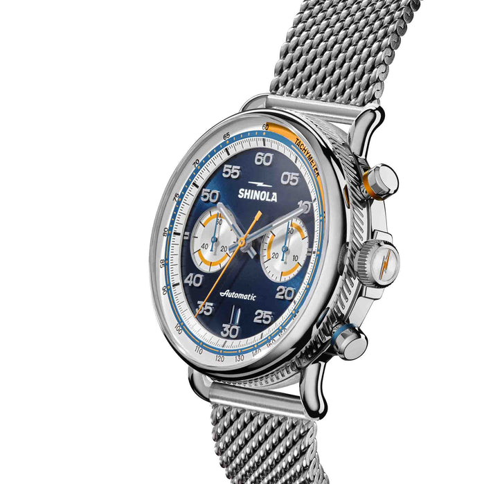 Shinola Canfield Speedway 44mm Automatic Chrono Blue SS angled shot picture