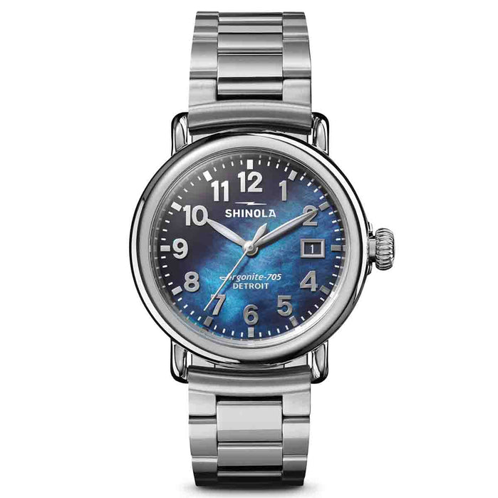 Shinola Runwell 36mm SS Cadet Blue Mother of Pearl angled shot picture
