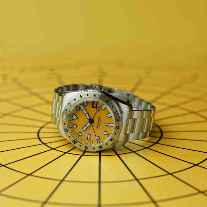 Spinnaker Croft 3912 GMT Automatic Dusk Yellow Limited Edition angled shot picture