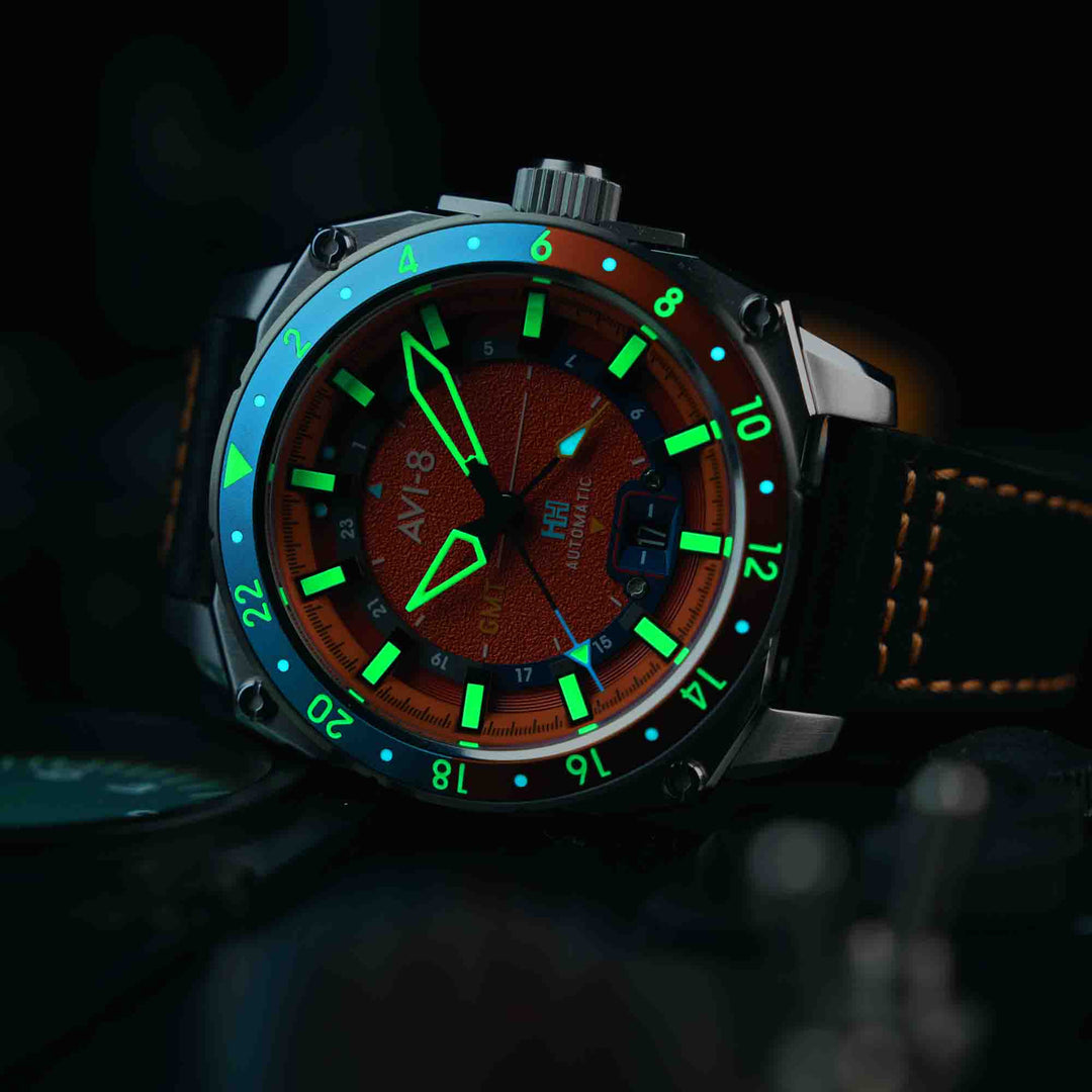 AVI-8 Hawker Hunter Atlas GMT Automatic Orangish Red | Watches.com