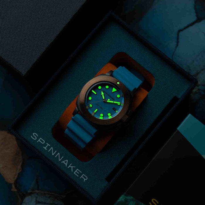 Spinnaker Hull Titanium Bronze Automatic Lapidary Blue Turquoise Limited Edition angled shot picture