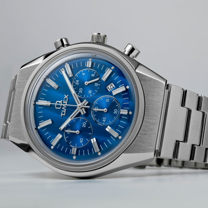 Timex Q Falcon Eye Chronograph 40mm Blue SS angled shot picture