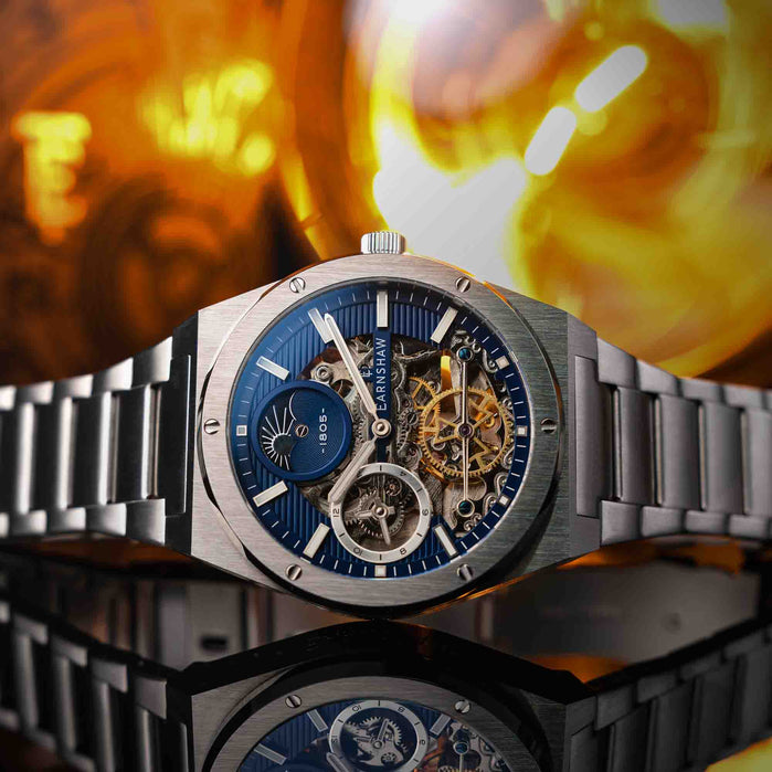 Thomas Earnshaw Discovery Drake Dual Time Automatic Silver Blue angled shot picture