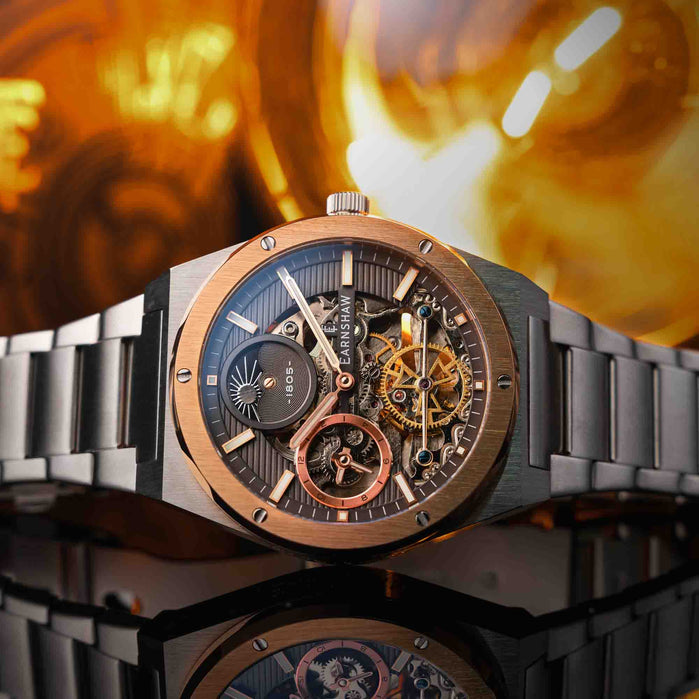 Thomas Earnshaw Discovery Drake Dual Time Automatic Rose Grey angled shot picture