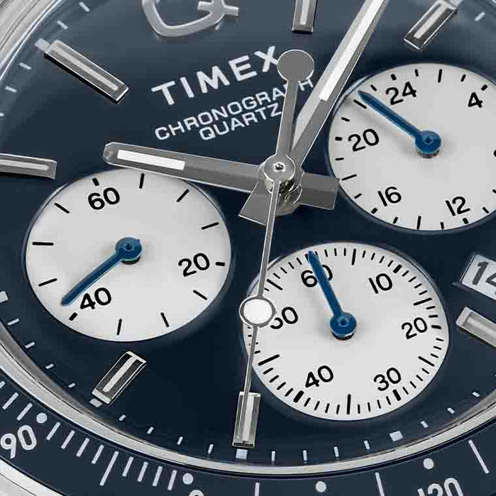 Timex 1970's Q Chronograph 40mm Blue angled shot picture