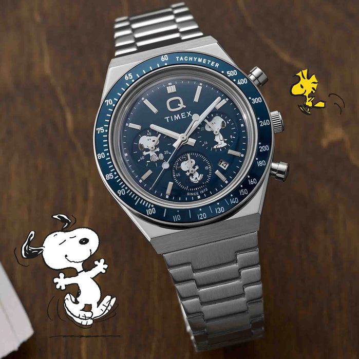 Timex Q Chronograph x Peanuts 40mm Blue SS angled shot picture
