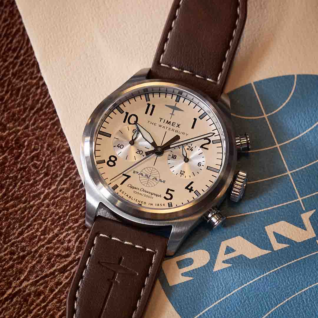 Timex Waterbury Ace Chronograph x Pan Am 41mm Tan | Watches.com