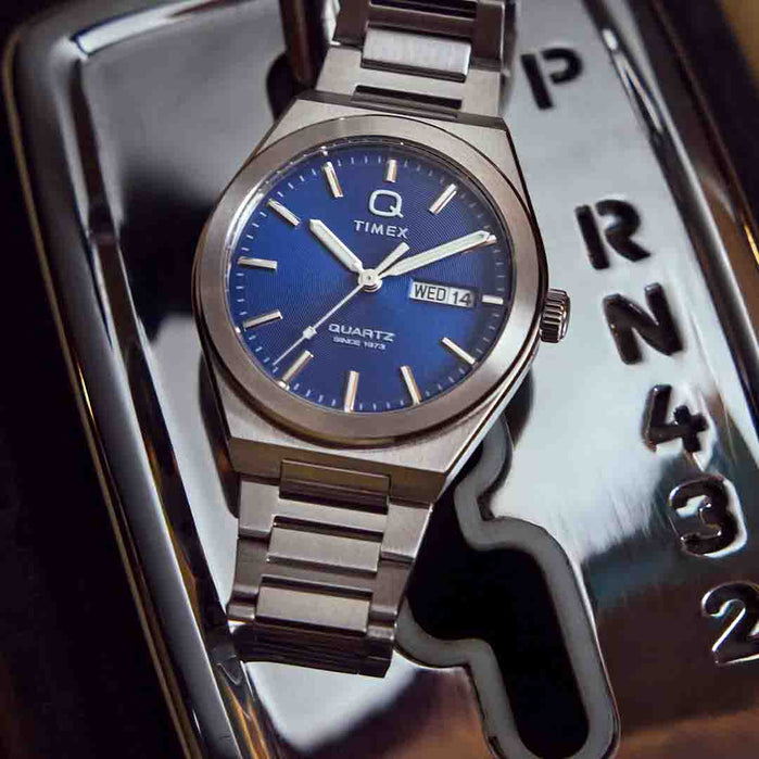 Timex Q Continental Day and Date 39mm Blue SS angled shot picture
