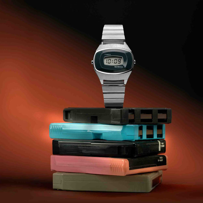 Timex Q 1975 SSQ Digital Reissue 38mm Black SS angled shot picture