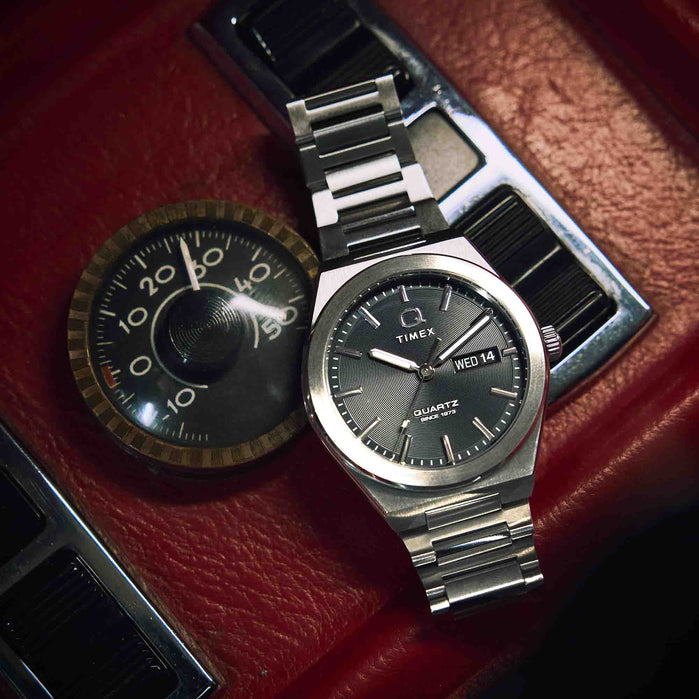 Timex Q Continental Day and Date 39mm Black SS angled shot picture